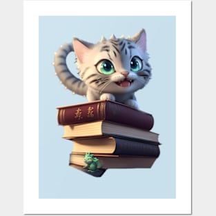 Tabby Dragon Cat with his Books Posters and Art